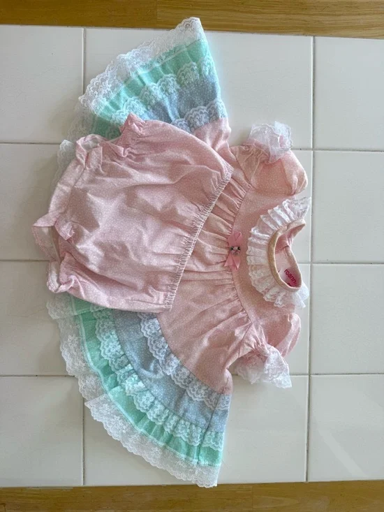 Vintage Baby Girl 6-9m Dress &Bloomer Set Roanna Pink Blue Ditzy Floral Lace 80s - Picture 11 of 14